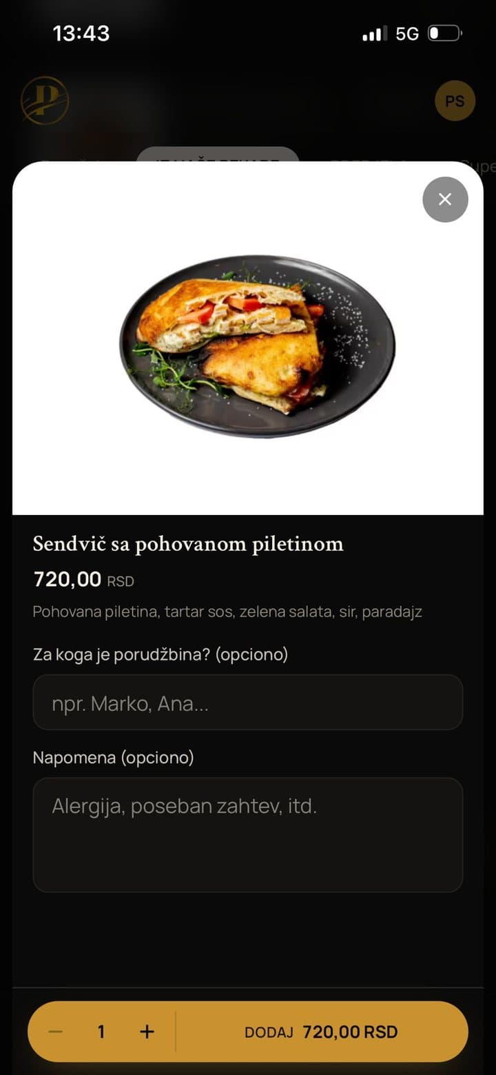 Dodavanje jela u korpu, sa napomenom