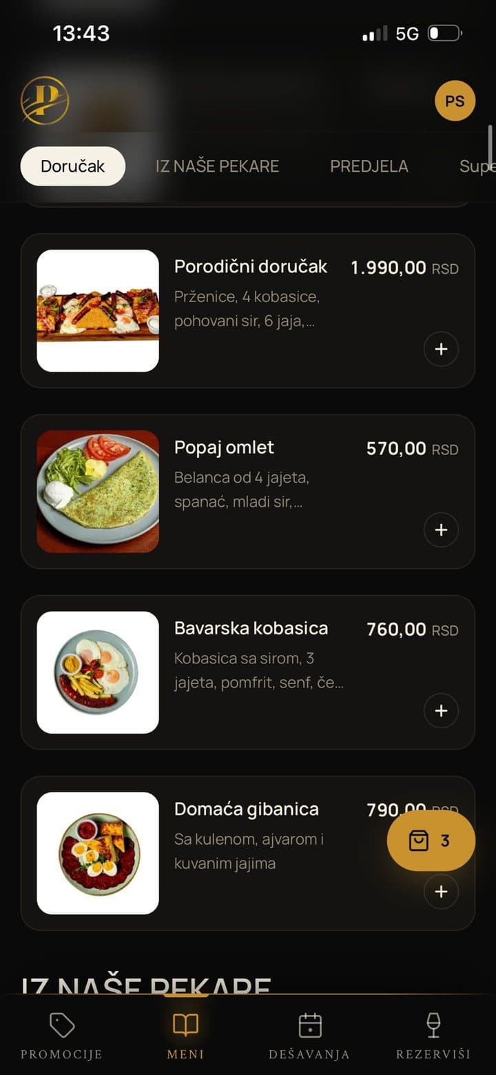 Meni doručka u aplikaciji